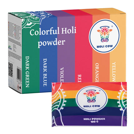 Farvet Holi-pulver, sæt med 6 x 100 g, Holi Cow