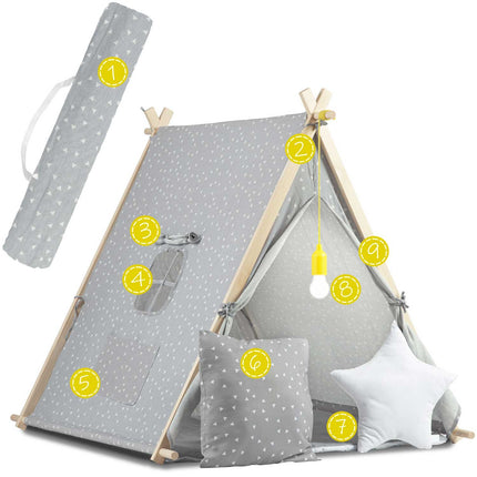 Børnetelt i tipi-design med LED-lampe og puder - perfekt til leg og indretning af børneværelset