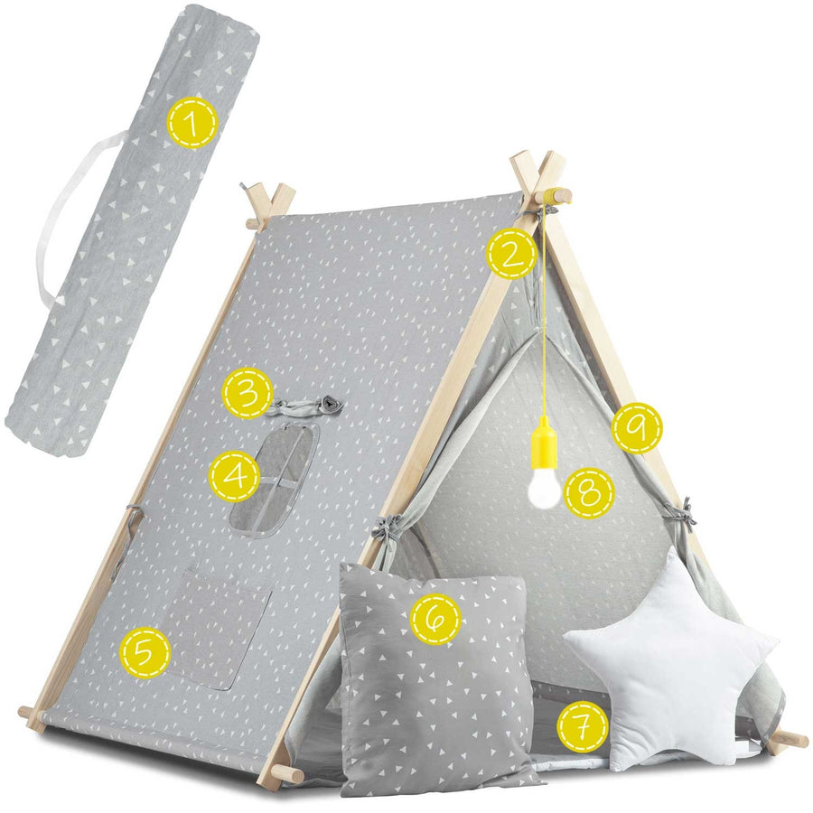 Børnetelt i tipi-design med LED-lampe og puder - perfekt til leg og indretning af børneværelset