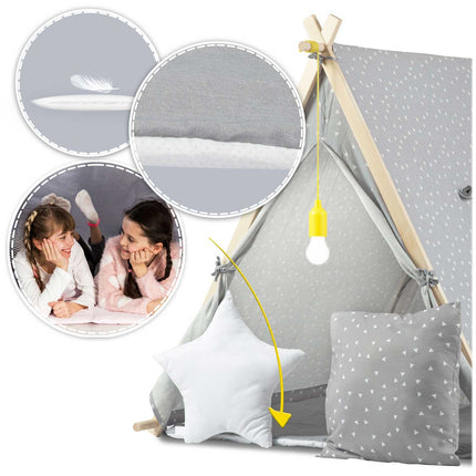 Børnetelt i tipi-design med LED-lampe og puder - perfekt til leg og indretning af børneværelset