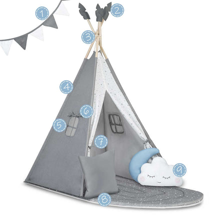 Børnetelt i tipi-design til leg og fantasi - sikkert og komfortabelt med puder og isolerende måtte