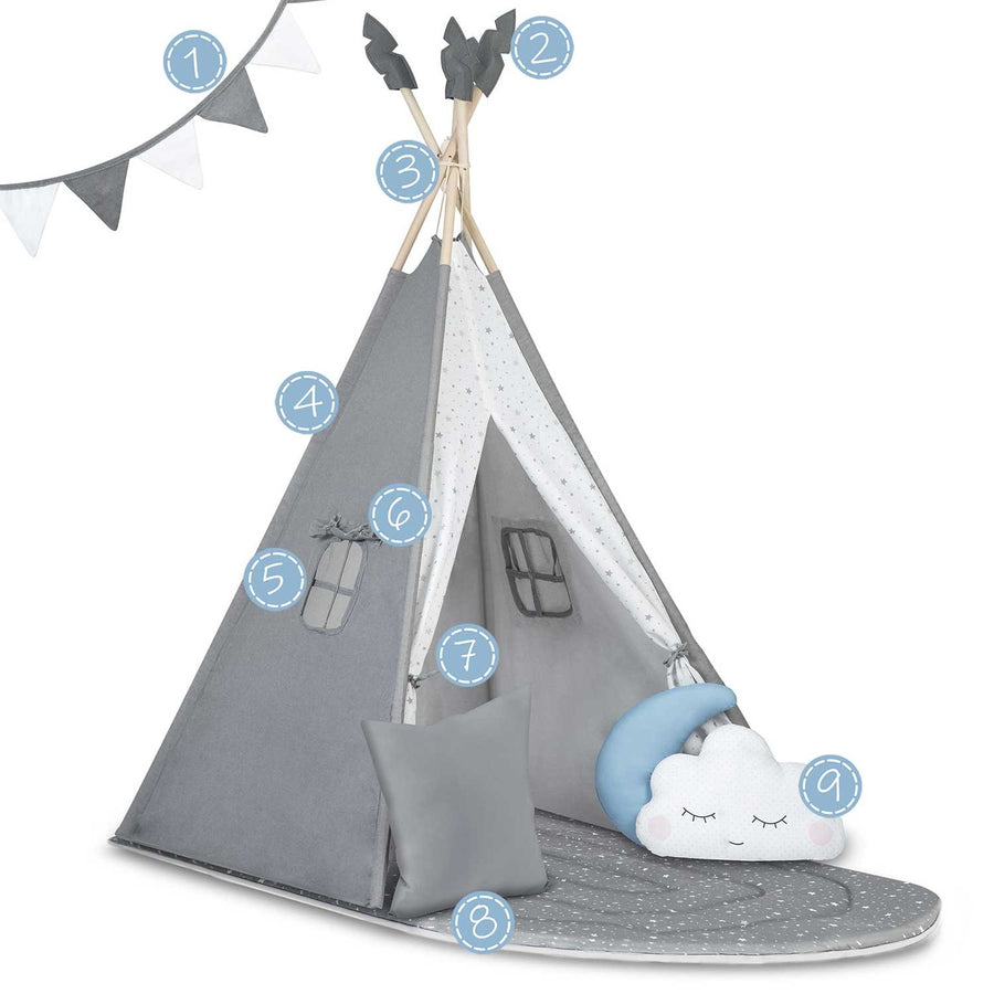 Børnetelt i tipi-design til leg og fantasi - sikkert og komfortabelt med puder og isolerende måtte