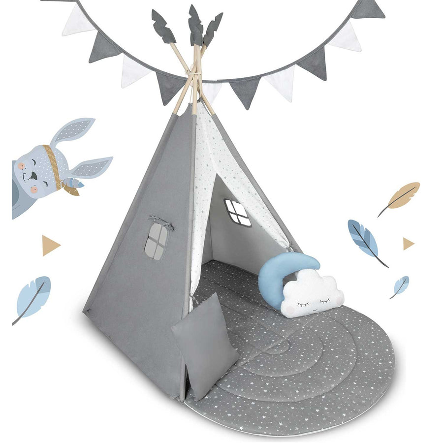 Børnetelt i tipi-design til leg og fantasi - sikkert og komfortabelt med puder og isolerende måtte