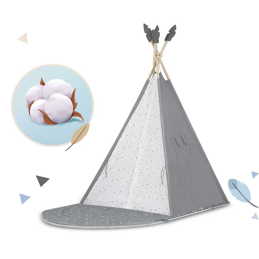Børnetelt i tipi-design til leg og fantasi - sikkert og komfortabelt med puder og isolerende måtte