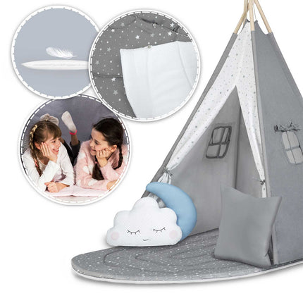 Børnetelt i tipi-design til leg og fantasi - sikkert og komfortabelt med puder og isolerende måtte