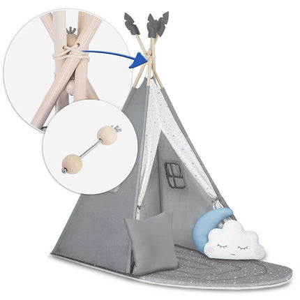Børnetelt i tipi-design til leg og fantasi - sikkert og komfortabelt med puder og isolerende måtte