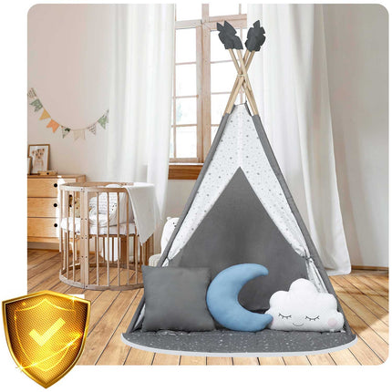 Børnetelt i tipi-design til leg og fantasi - sikkert og komfortabelt med puder og isolerende måtte