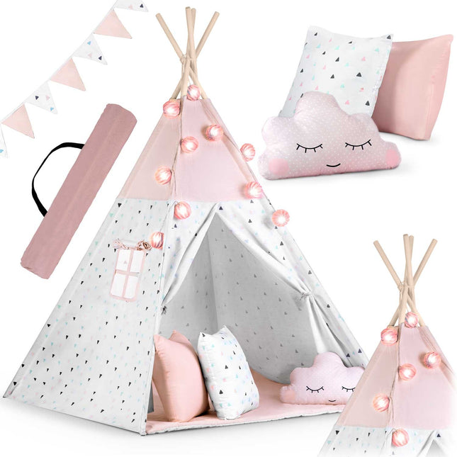 Børnetelt i tipi-design med lys og puder - perfekt til leg og indretning af børneværelset