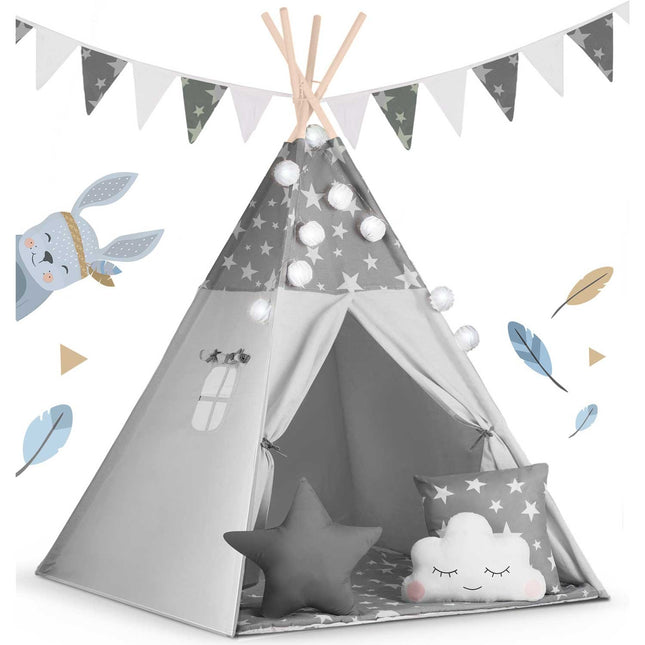 Børnetelt i tipi-design med lys og puder - perfekt til leg og indretning af børneværelset