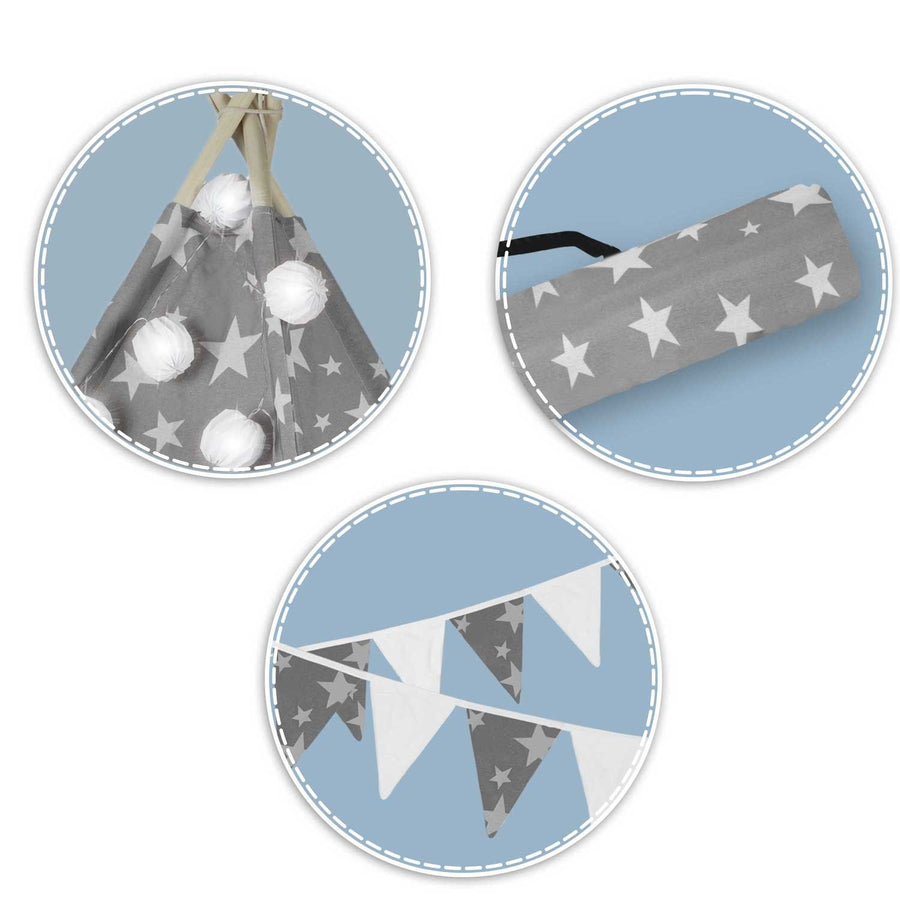 Børnetelt i tipi-design med lys og puder - perfekt til leg og indretning af børneværelset