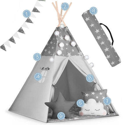 Børnetelt i tipi-design med lys og puder - perfekt til leg og indretning af børneværelset