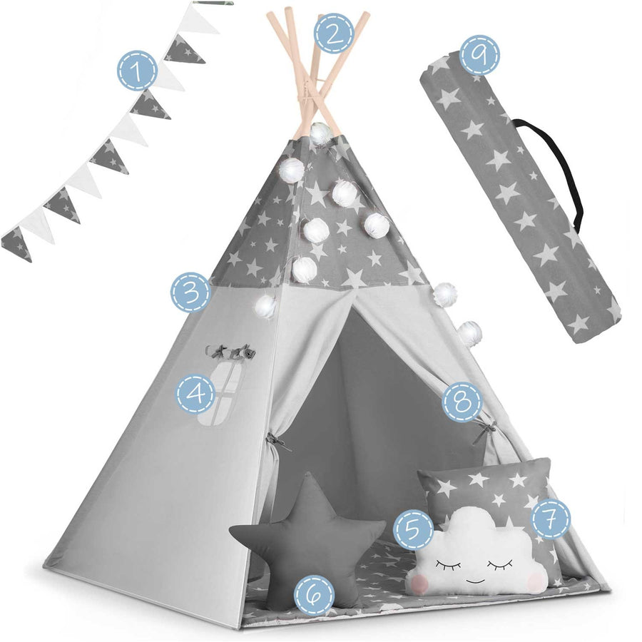 Børnetelt i tipi-design med lys og puder - perfekt til leg og indretning af børneværelset