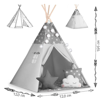 Børnetelt i tipi-design med lys og puder - perfekt til leg og indretning af børneværelset