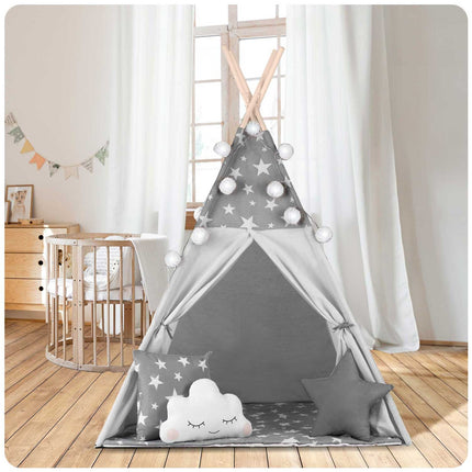 Børnetelt i tipi-design med lys og puder - perfekt til leg og indretning af børneværelset