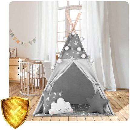 Børnetelt i tipi-design med lys og puder - perfekt til leg og indretning af børneværelset