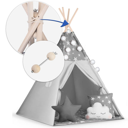 Børnetelt i tipi-design med lys og puder - perfekt til leg og indretning af børneværelset
