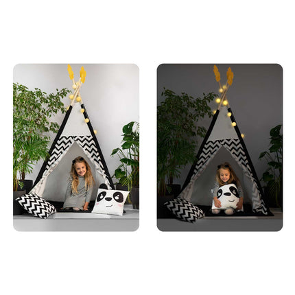 Børnetelt i tipi-design med puder og guirlande - perfekt til leg og indretning af børneværelset