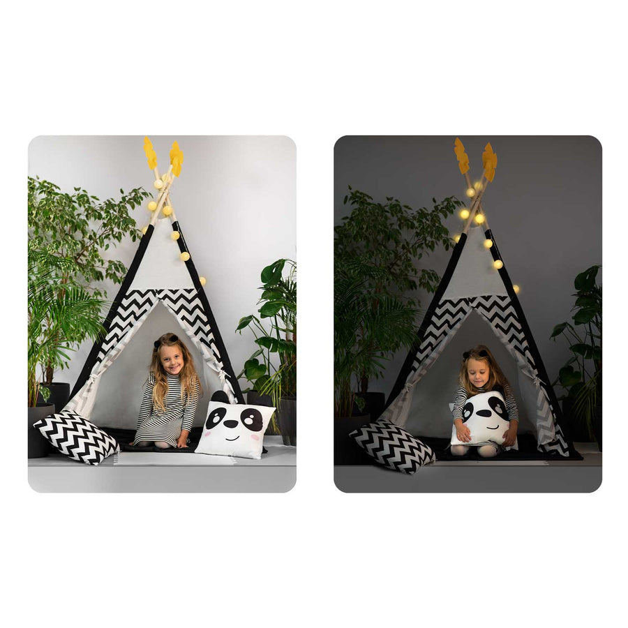 Børnetelt i tipi-design med puder og guirlande - perfekt til leg og indretning af børneværelset