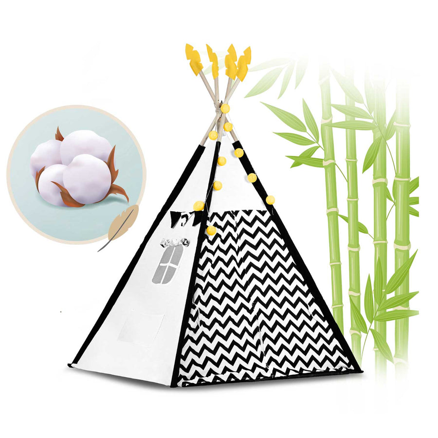 Børnetelt i tipi-design med puder og guirlande - perfekt til leg og indretning af børneværelset