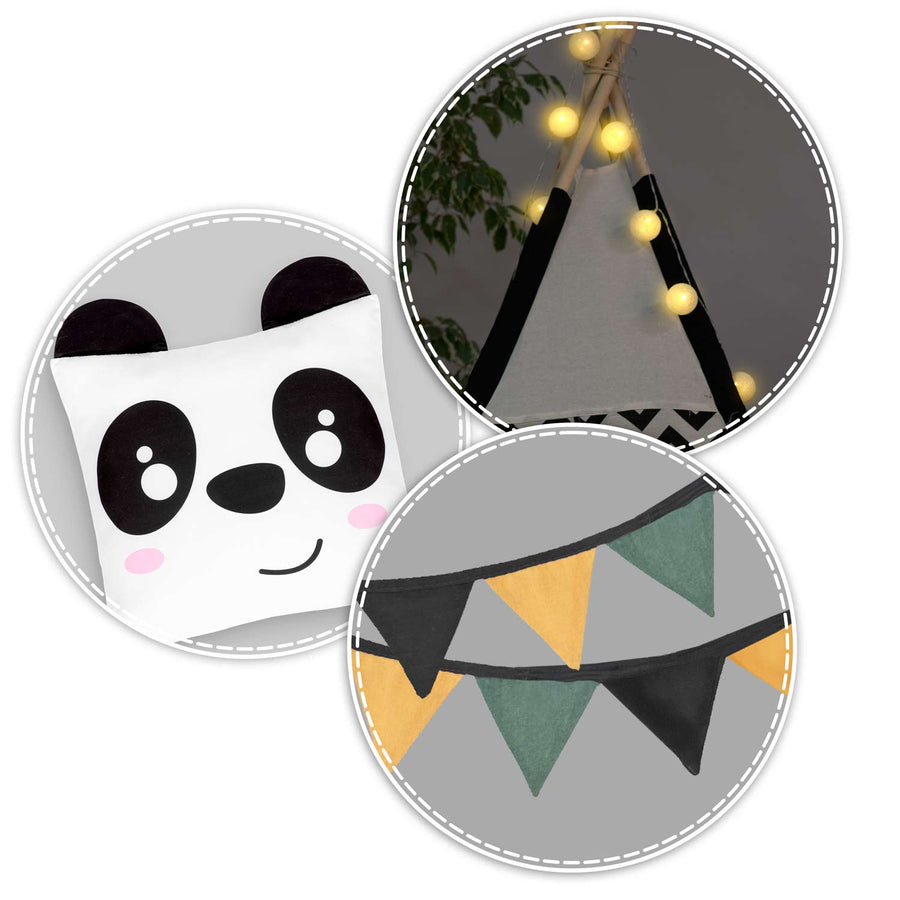 Børnetelt i tipi-design med puder og guirlande - perfekt til leg og indretning af børneværelset