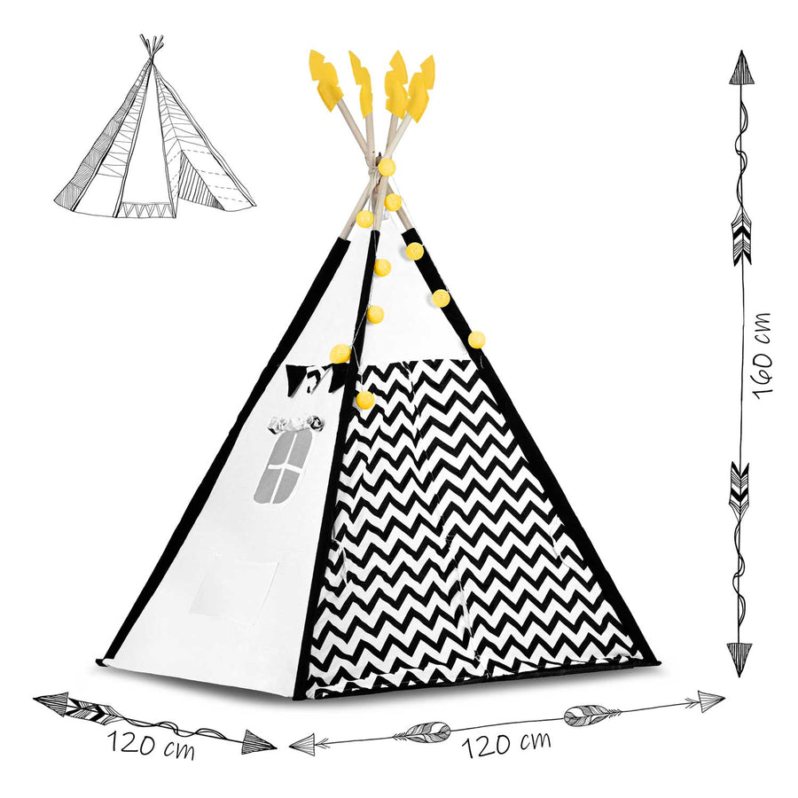 Børnetelt i tipi-design med puder og guirlande - perfekt til leg og indretning af børneværelset