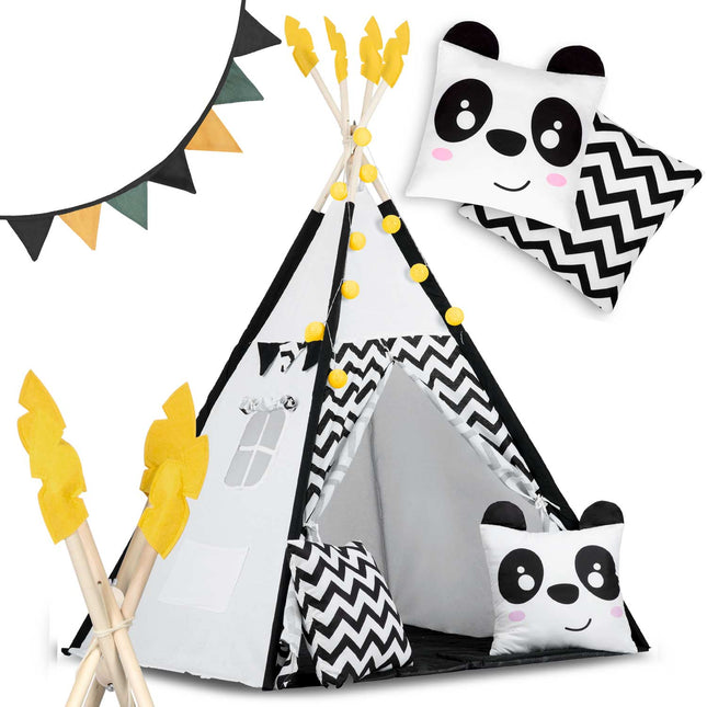 Børnetelt i tipi-design med puder og guirlande - perfekt til leg og indretning af børneværelset