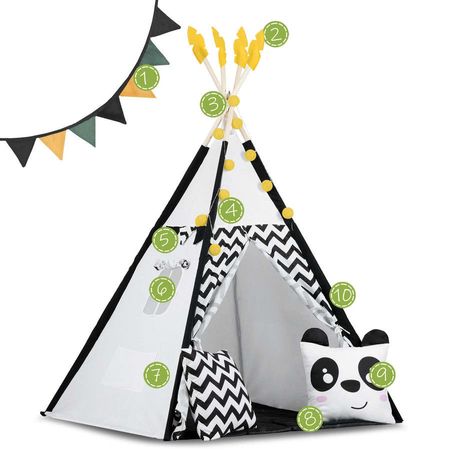 Børnetelt i tipi-design med puder og guirlande - perfekt til leg og indretning af børneværelset