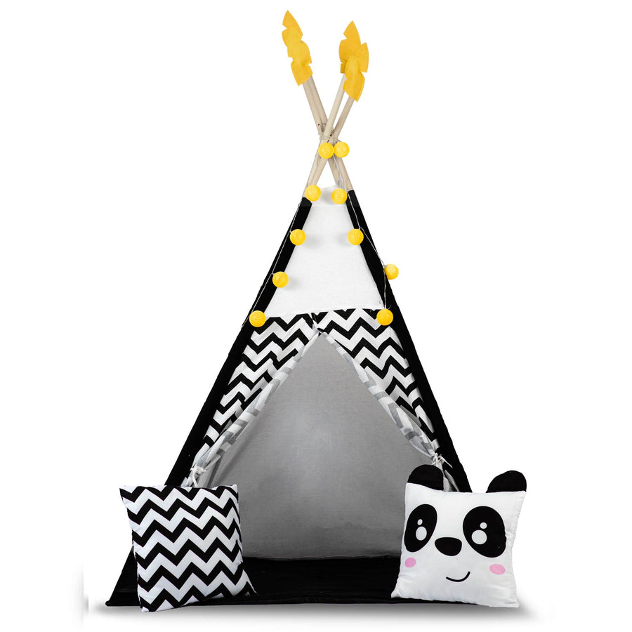 Børnetelt i tipi-design med puder og guirlande - perfekt til leg og indretning af børneværelset