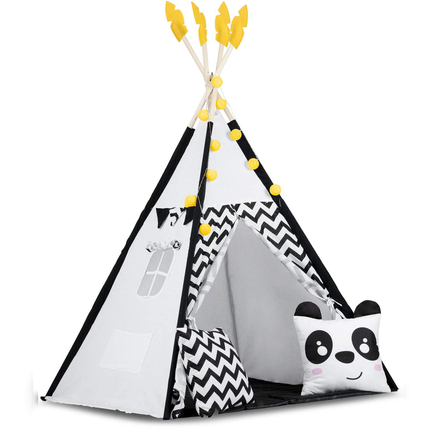 Børnetelt i tipi-design med puder og guirlande - perfekt til leg og indretning af børneværelset