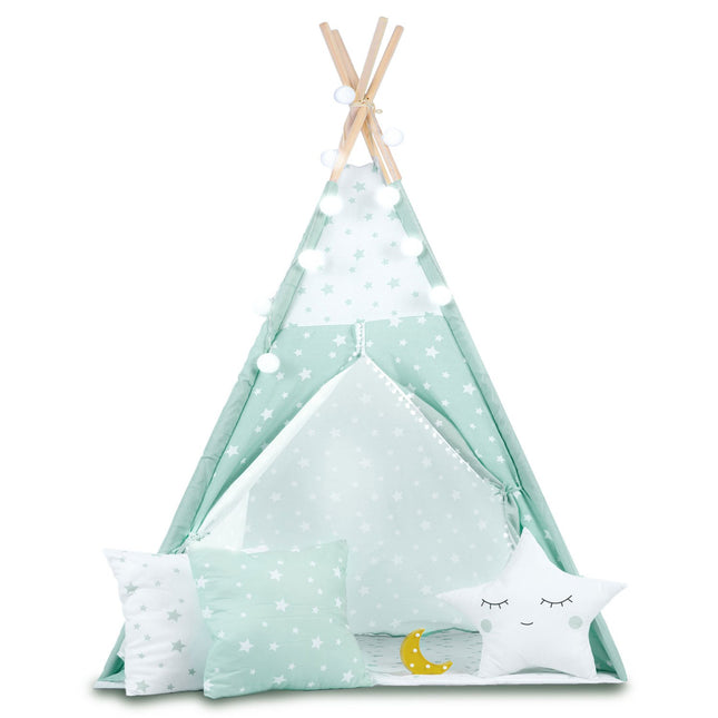 Børnetelt i tipi-design med lys og puder - perfekt til leg og indretning af børneværelset
