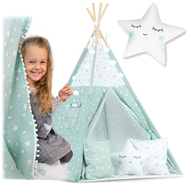 Børnetelt i tipi-design med lys og puder - perfekt til leg og indretning af børneværelset