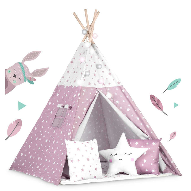 Børnetelt i tipi-design med lys og puder - perfekt til leg og indretning af børneværelset