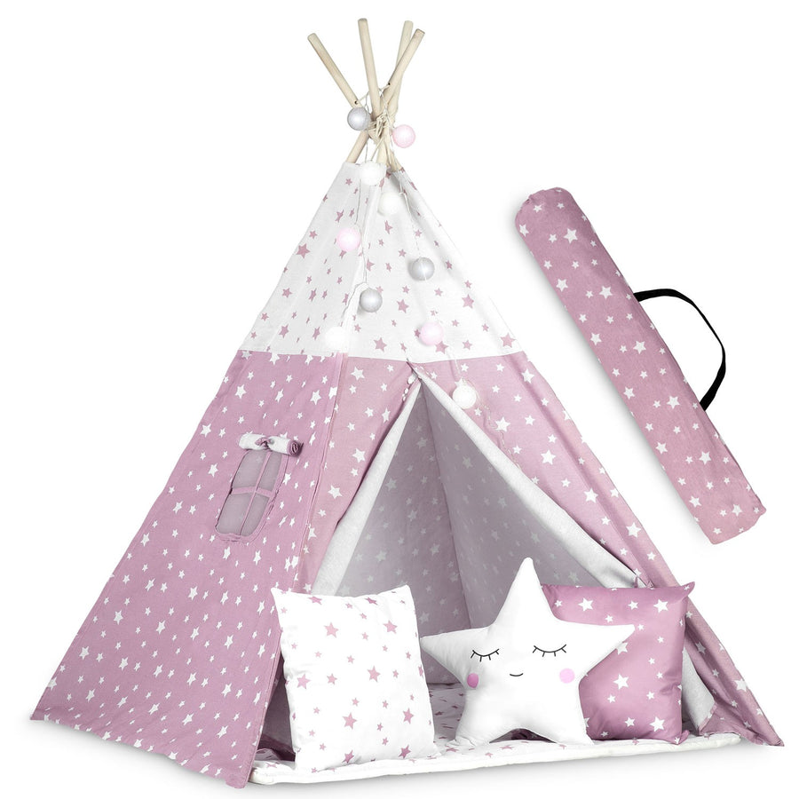 Børnetelt i tipi-design med lys og puder - perfekt til leg og indretning af børneværelset
