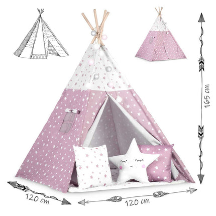 Børnetelt i tipi-design med lys og puder - perfekt til leg og indretning af børneværelset
