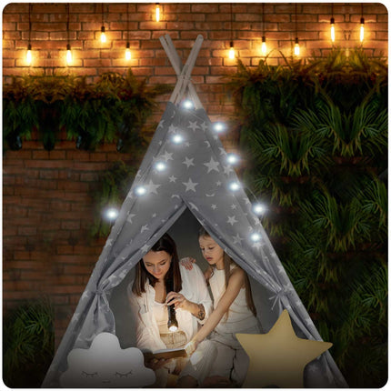 Børnetelt i tipi-design med lys og puder - perfekt til leg og indretning af børneværelset