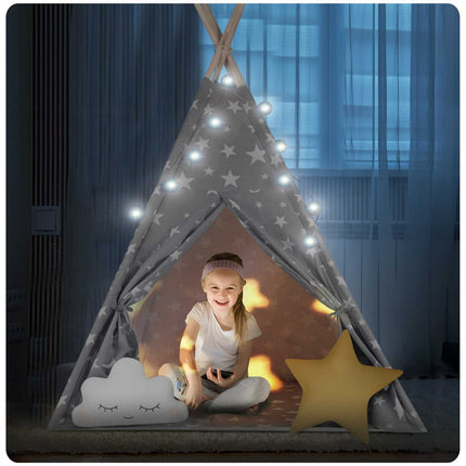 Børnetelt i tipi-design med lys og puder - perfekt til leg og indretning af børneværelset