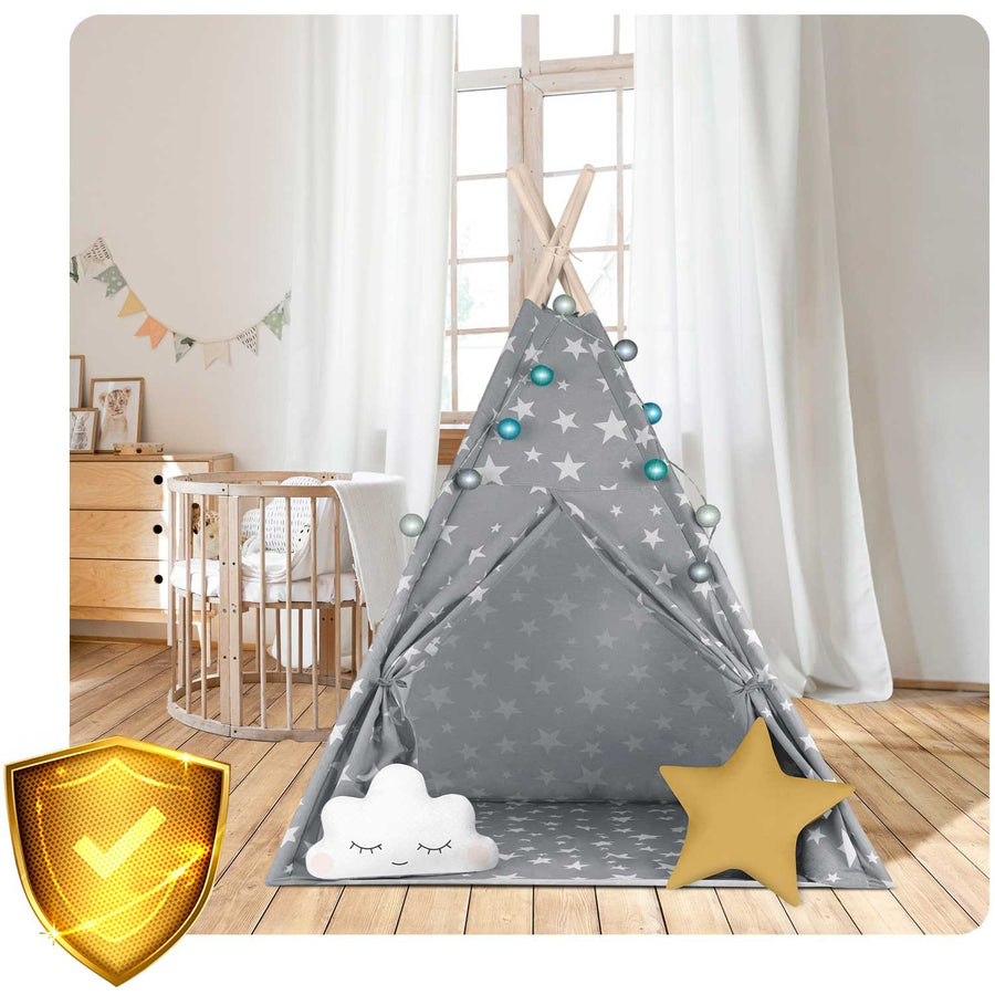 Børnetelt i tipi-design med lys og puder - perfekt til leg og indretning af børneværelset