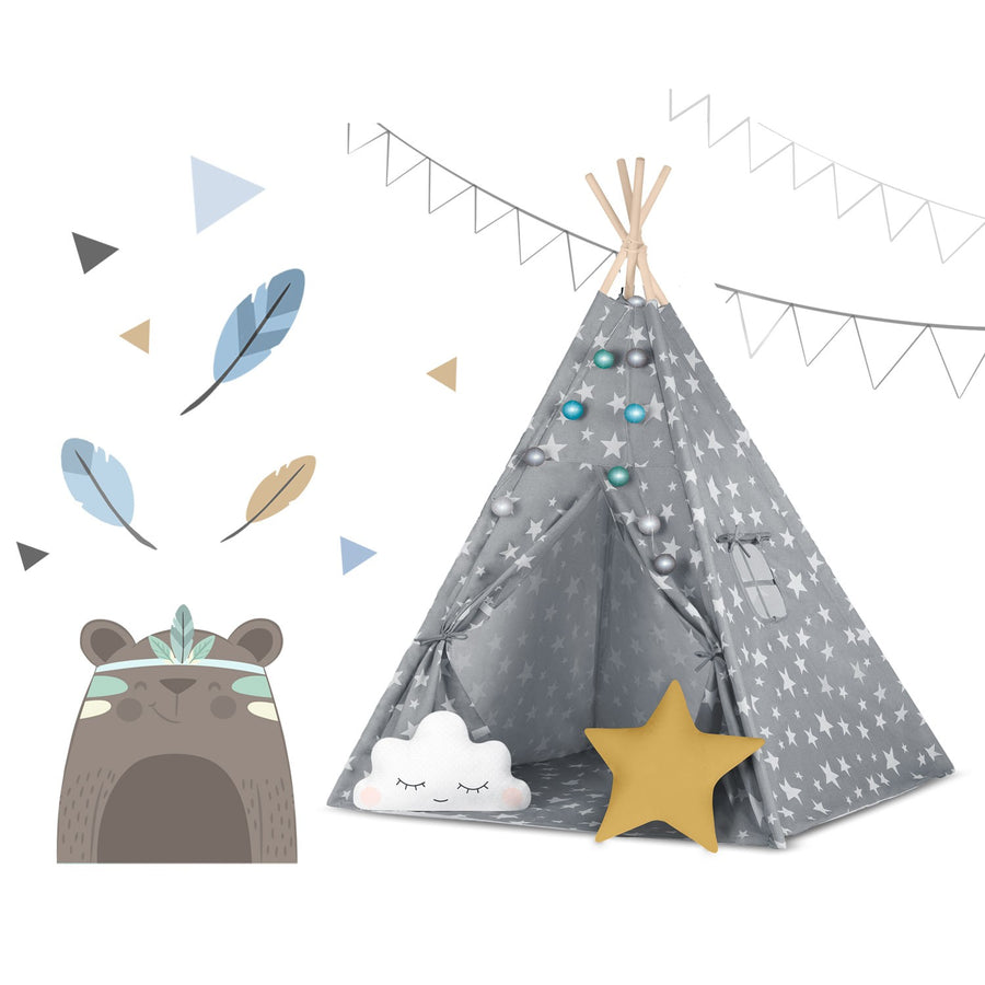 Børnetelt i tipi-design med lys og puder - perfekt til leg og indretning af børneværelset