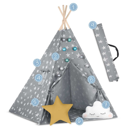 Børnetelt i tipi-design med lys og puder - perfekt til leg og indretning af børneværelset