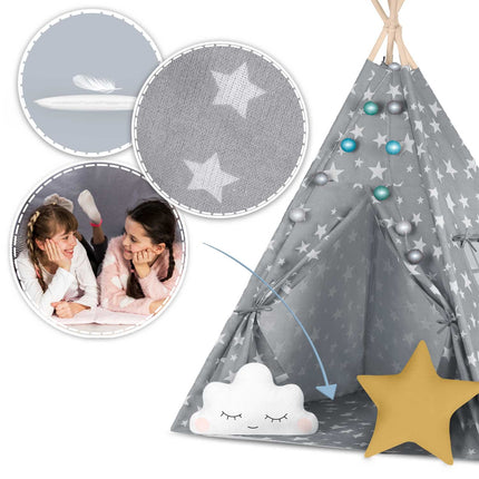 Børnetelt i tipi-design med lys og puder - perfekt til leg og indretning af børneværelset