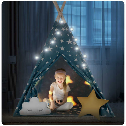 Børnetelt i tipi-design med lys og puder - perfekt til leg og indretning af børneværelset