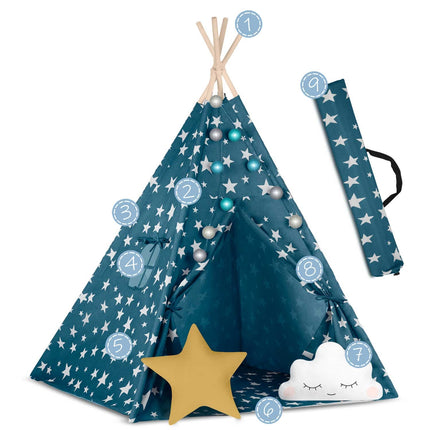 Børnetelt i tipi-design med lys og puder - perfekt til leg og indretning af børneværelset