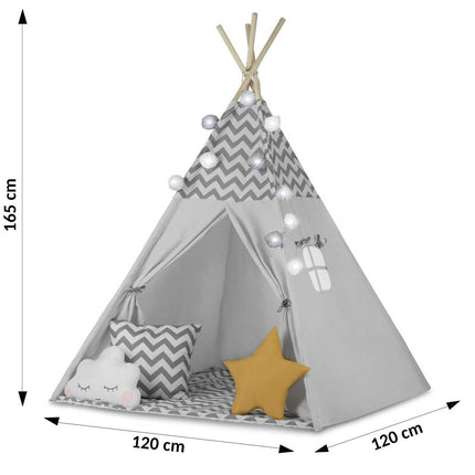 Børnetelt i tipi-design med lys og puder - perfekt til leg og indretning af børneværelset