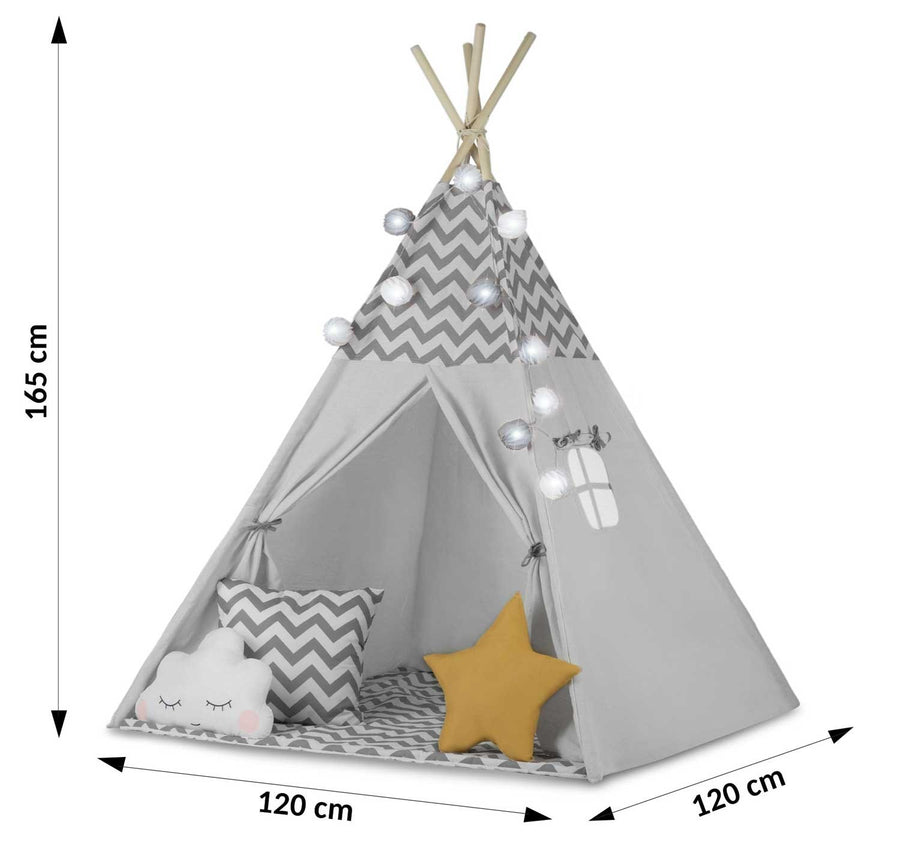 Børnetelt i tipi-design med lys og puder - perfekt til leg og indretning af børneværelset
