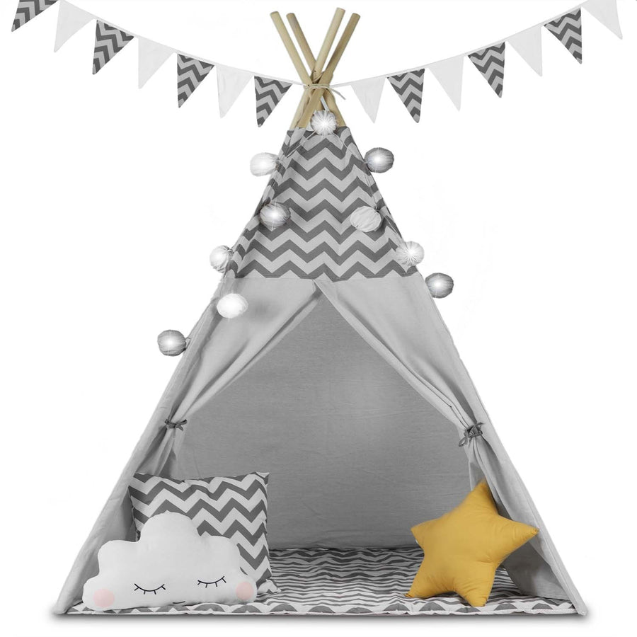 Børnetelt i tipi-design med lys og puder - perfekt til leg og indretning af børneværelset