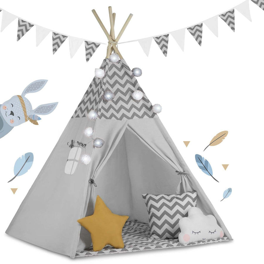 Børnetelt i tipi-design med lys og puder - perfekt til leg og indretning af børneværelset