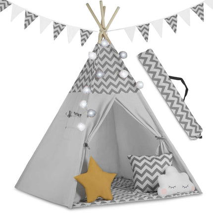 Børnetelt i tipi-design med lys og puder - perfekt til leg og indretning af børneværelset