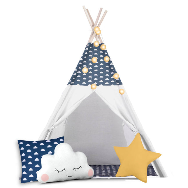 Børnetelt i tipi-design med lys og puder - perfekt til leg og indretning af børneværelset