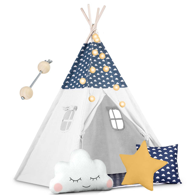 Børnetelt i tipi-design med lys og puder - perfekt til leg og indretning af børneværelset