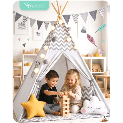 Tipi-telt til børn med lyskæde, guirlande og 3 puder – grå